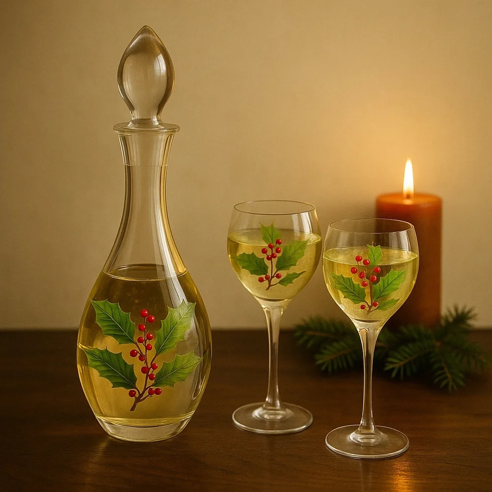 Holly Berry Glass Decanter Set Stopper 2 Goblets Holiday Bareware Hostess